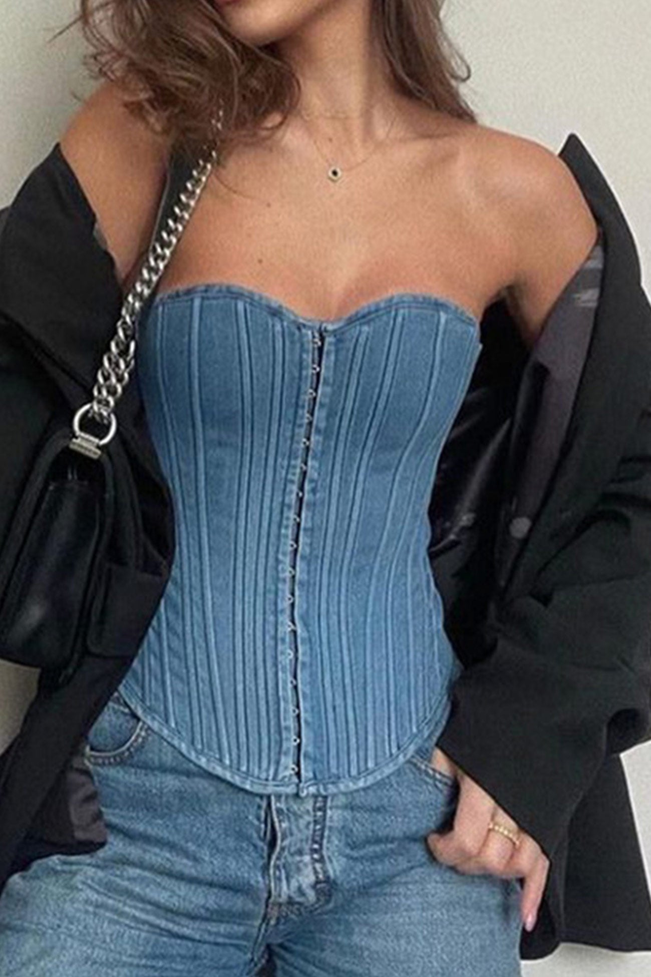 Strapless Tie Back Denim Crop Top