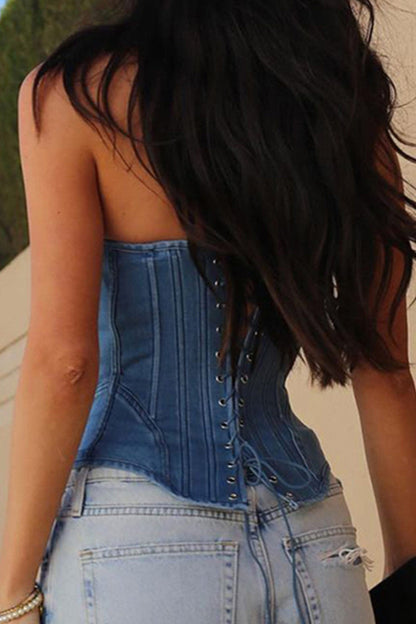 Strapless Tie Back Denim Crop Top