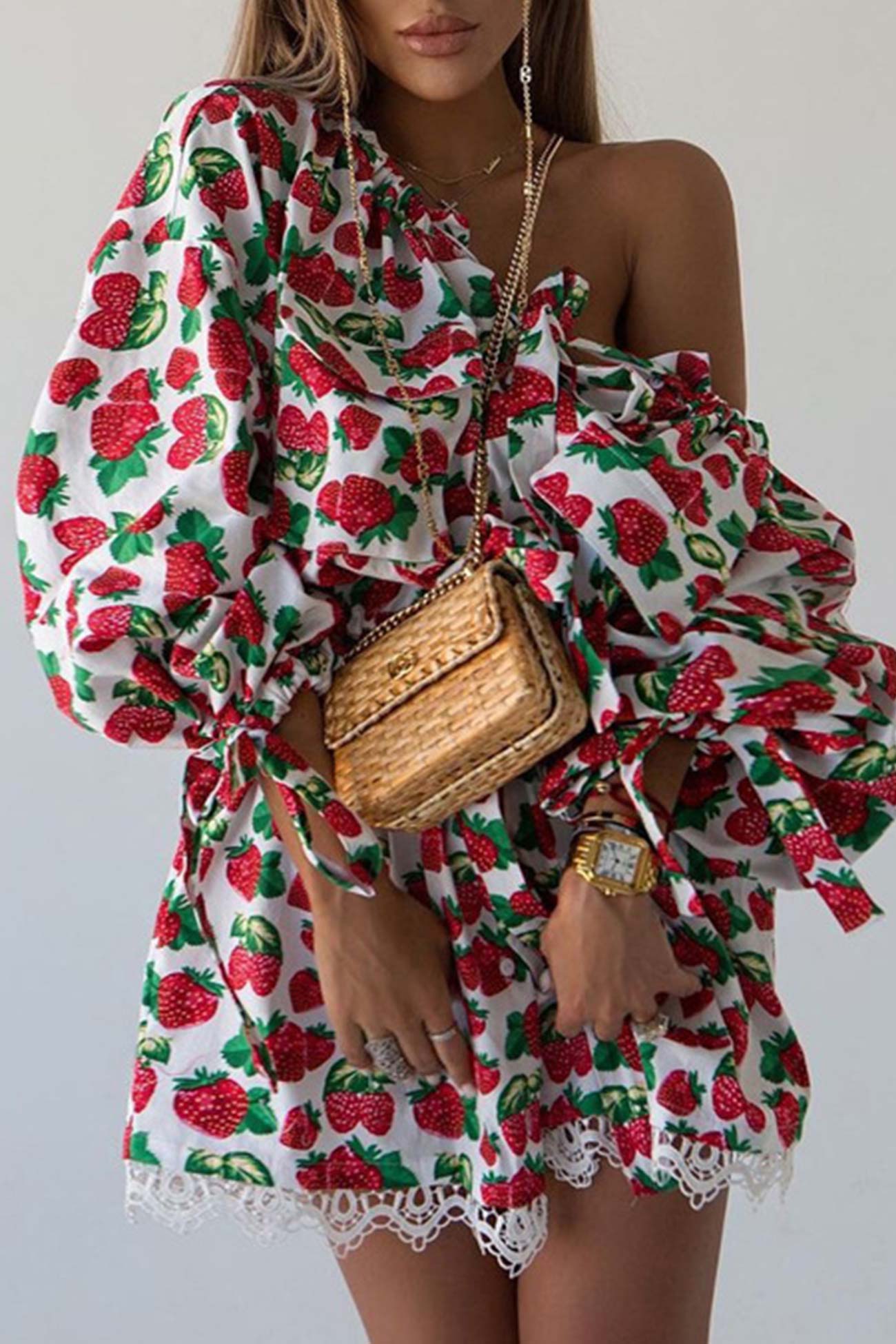 Strawberry Print Drop Shoulder Waisted Dress