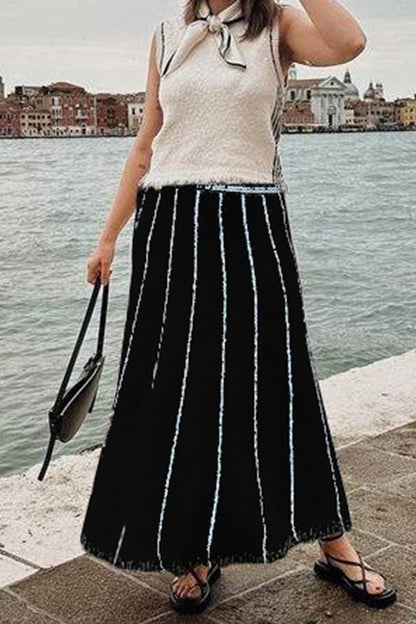 Striped Fringe Hem Knit Skirt