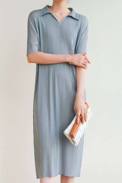 Striped Polo Neck Full Pleated Dress