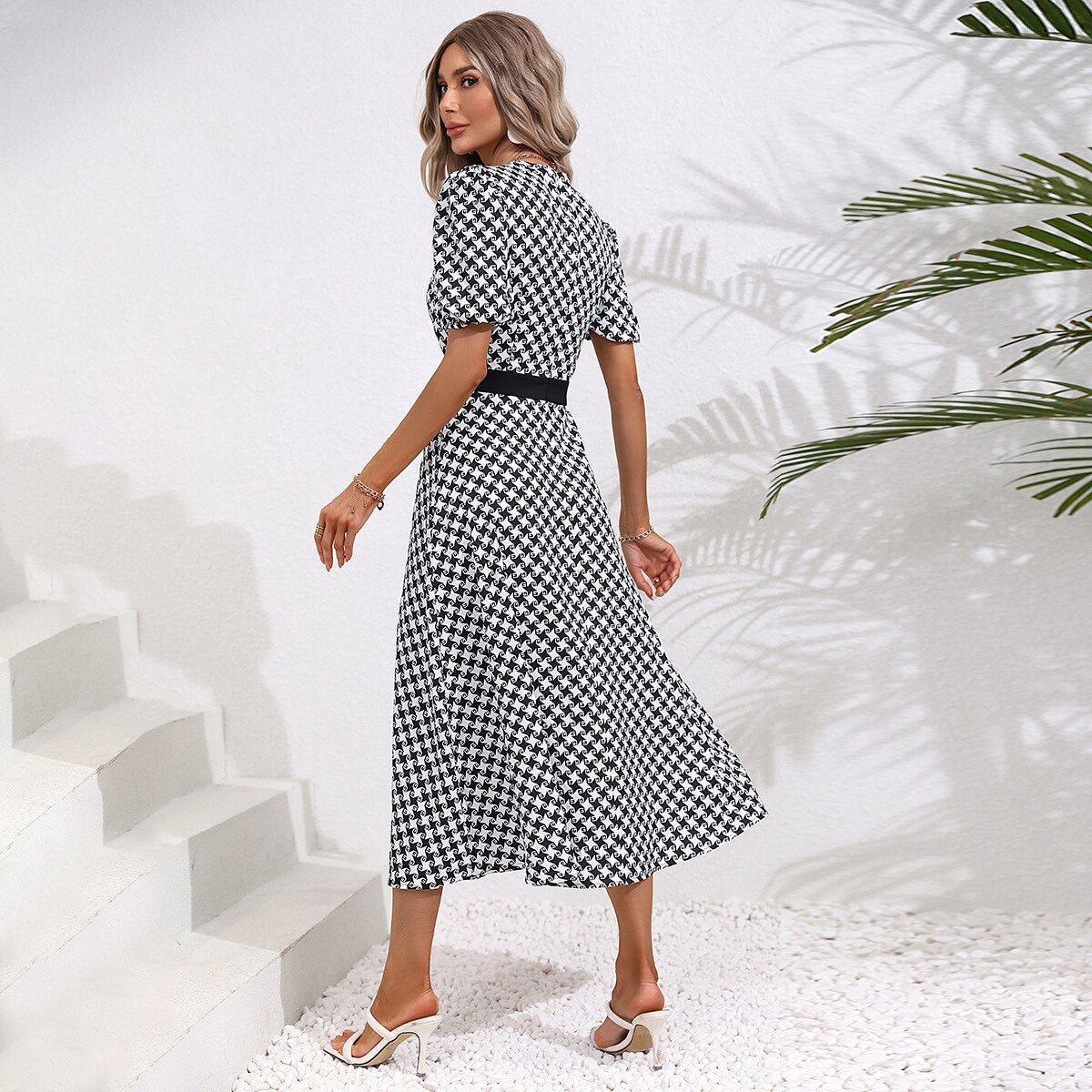 Janice Summer Casual Puff Sleeve Slit Midi Dress