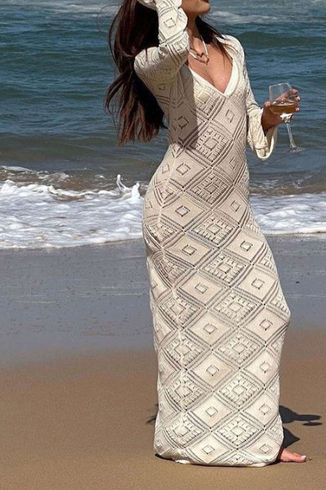 V Neck Crochet Checkered Hollow Out Midi Dress