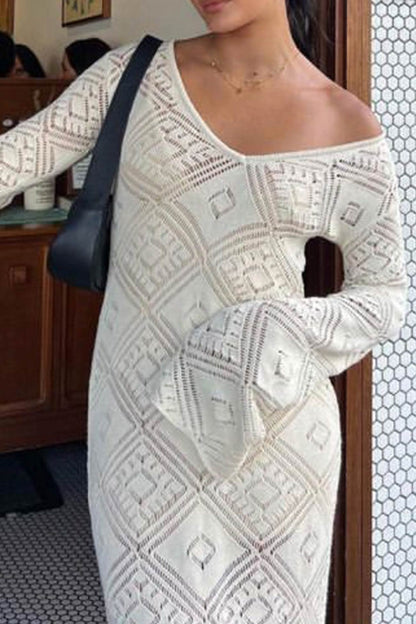 V Neck Crochet Checkered Hollow Out Midi Dress