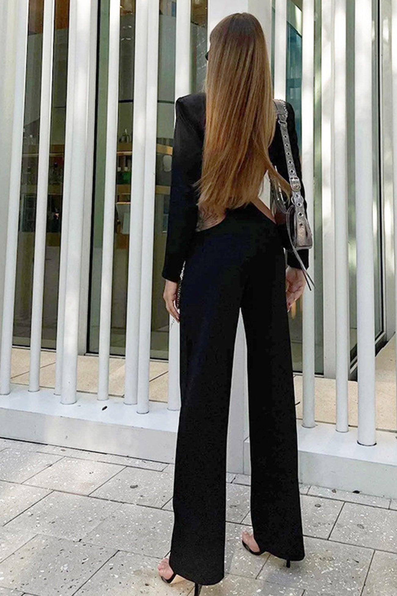 V Neck Crop Blazer Chain Cutout Long Pants Suits