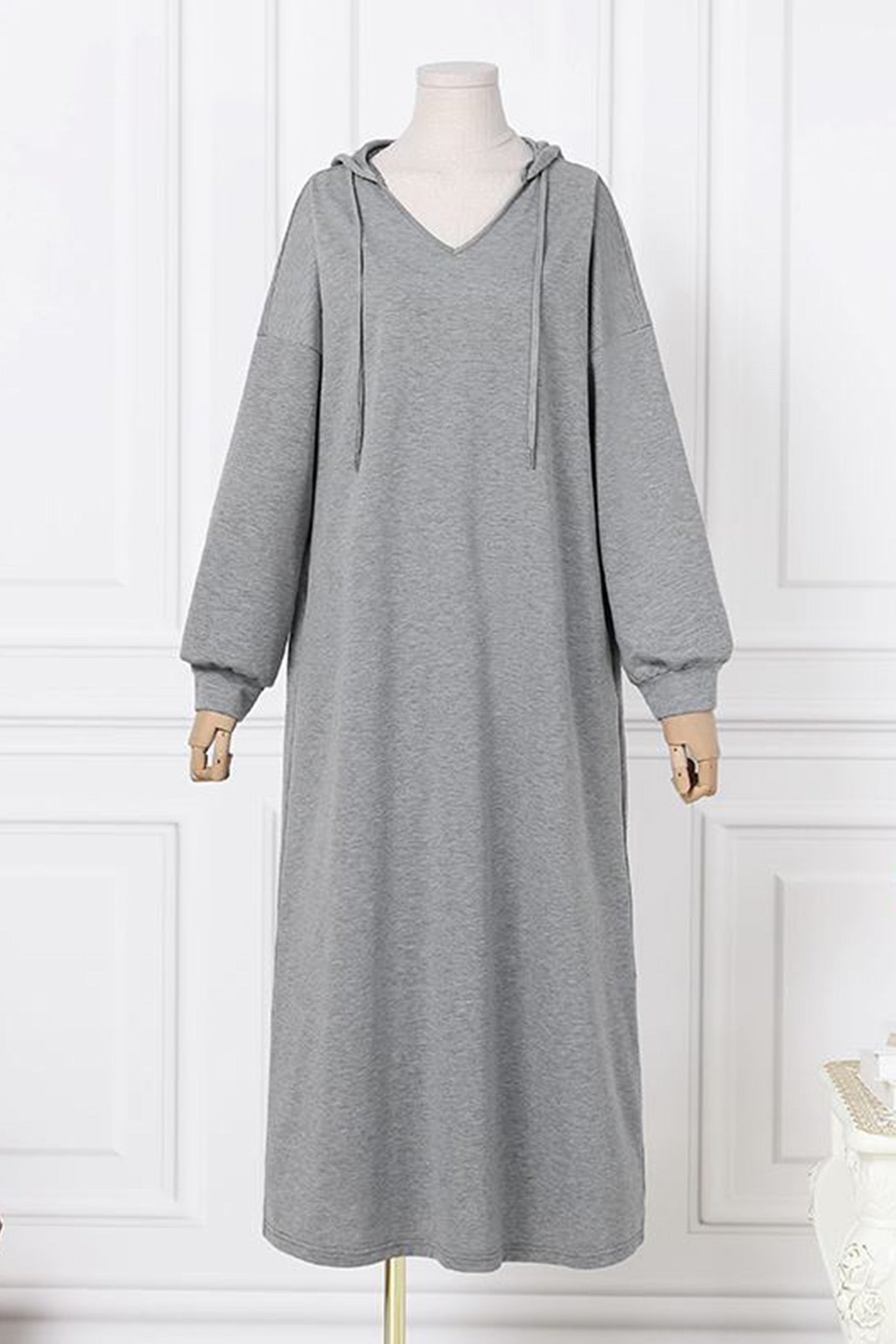 V Neck Drawstring Hooded Dress