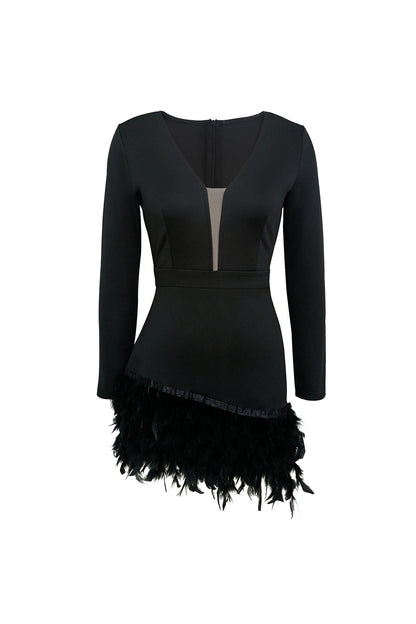 V Neck Feather Pack Hip Mini Dress