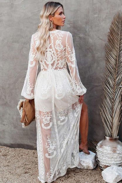 V Neck Lace Patchwork Split Maxi Dress