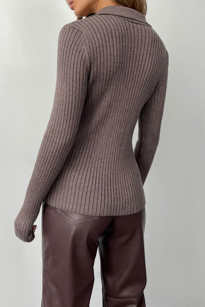 V Neck Lapel Ribbed Knit Top