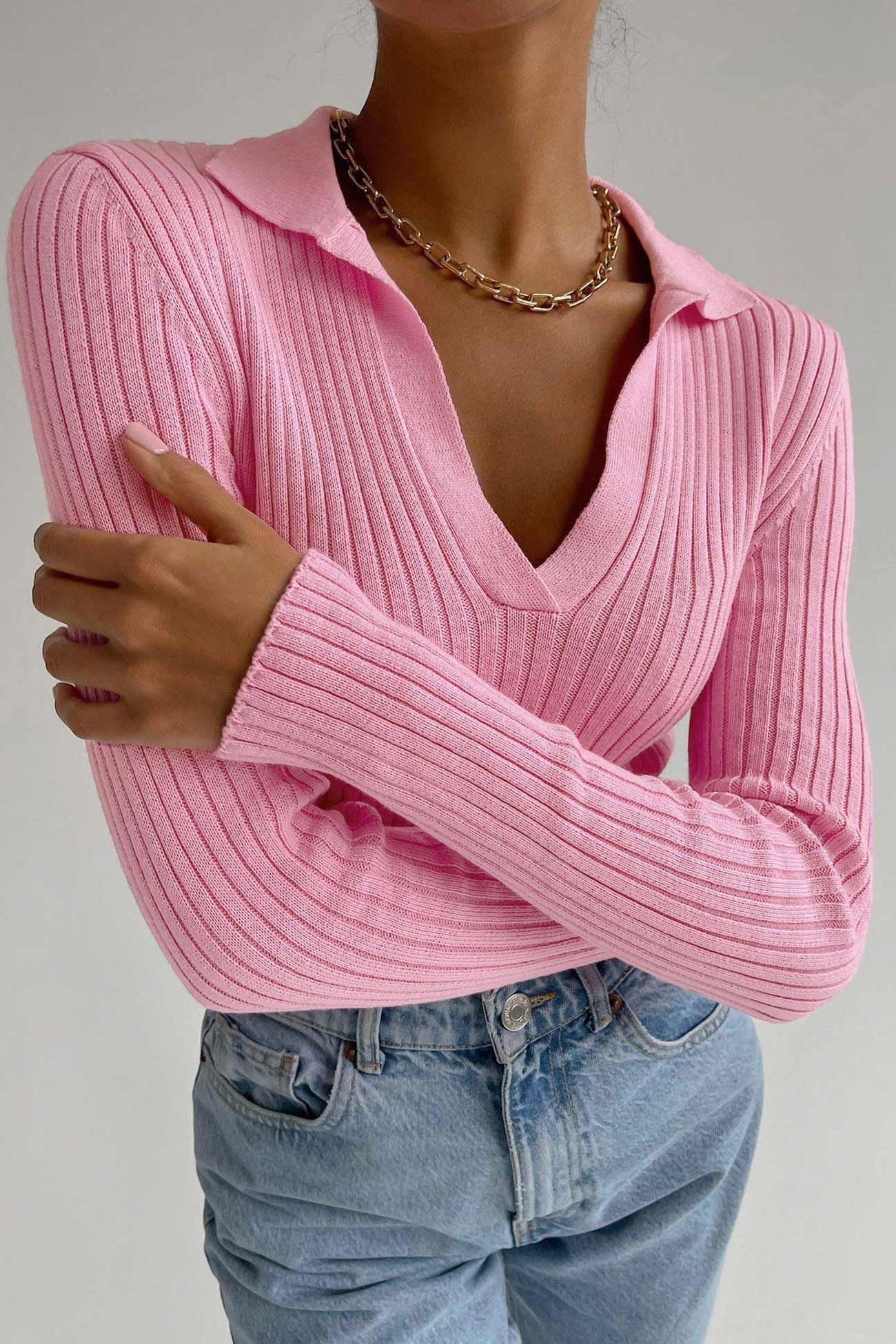 V Neck Lapel Ribbed Knit Top