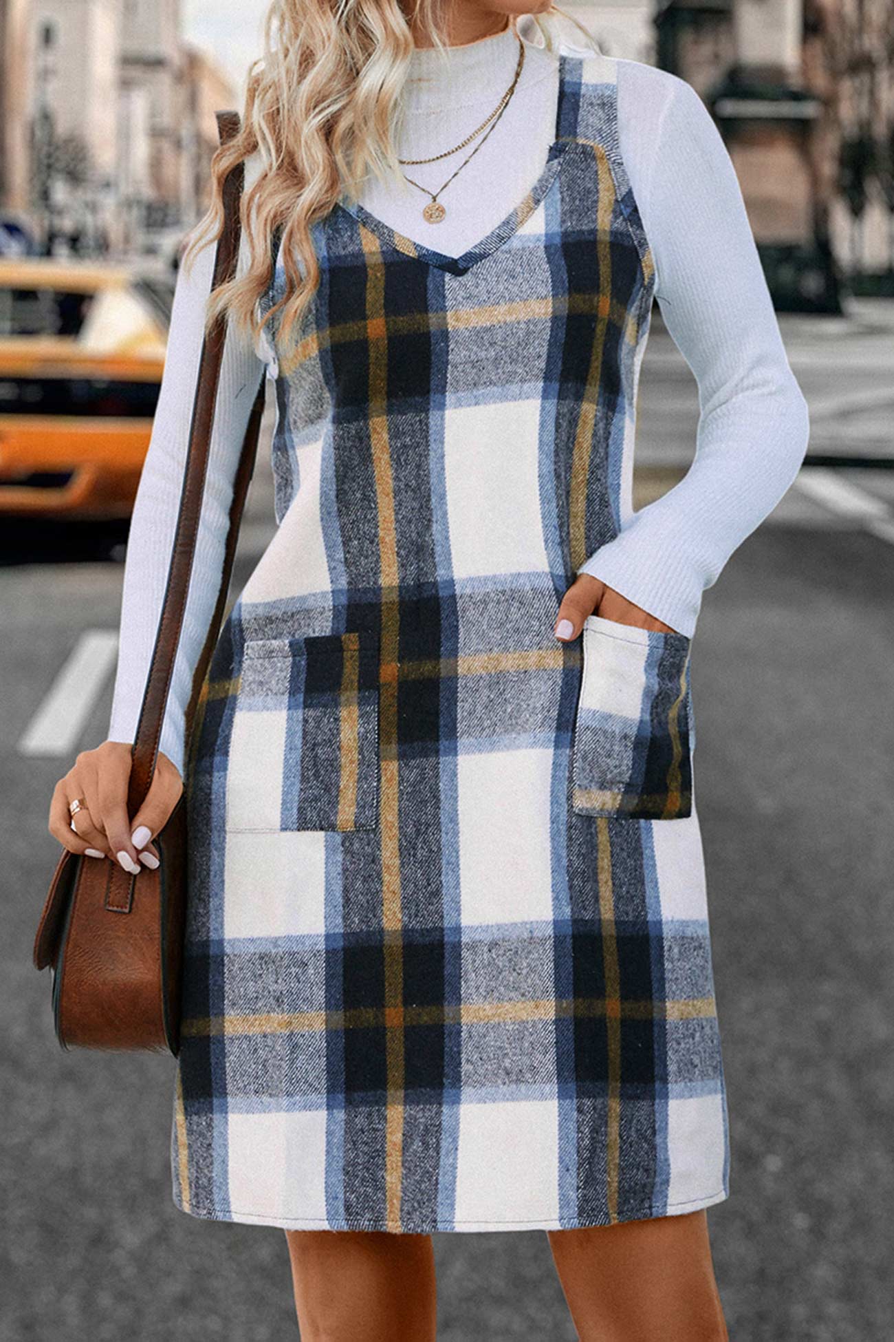 V Neck Plaid Tank Dress