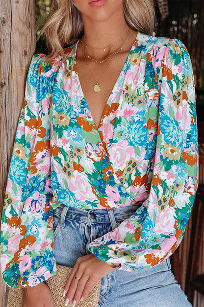 V Neck Puff Sleeve Floral Print Shirt