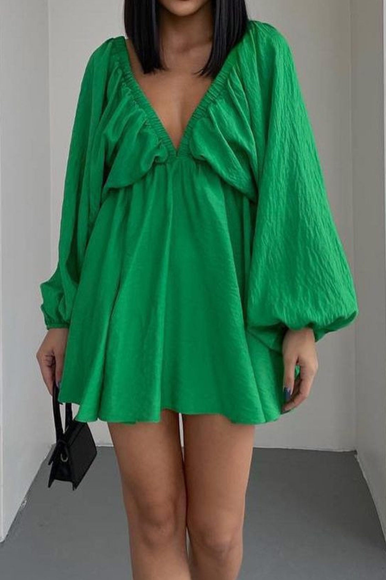 V Neck Puff Sleeve Ruched Dress