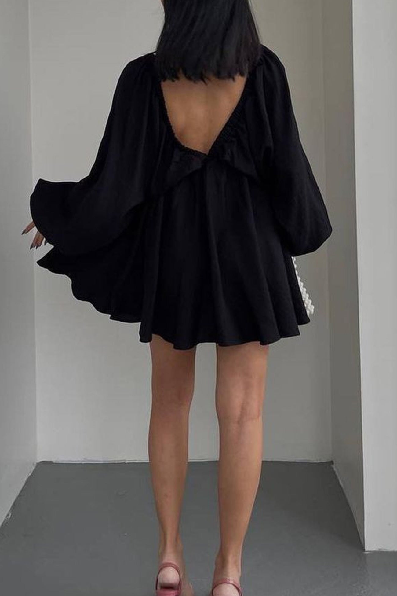 V Neck Puff Sleeve Ruched Dress