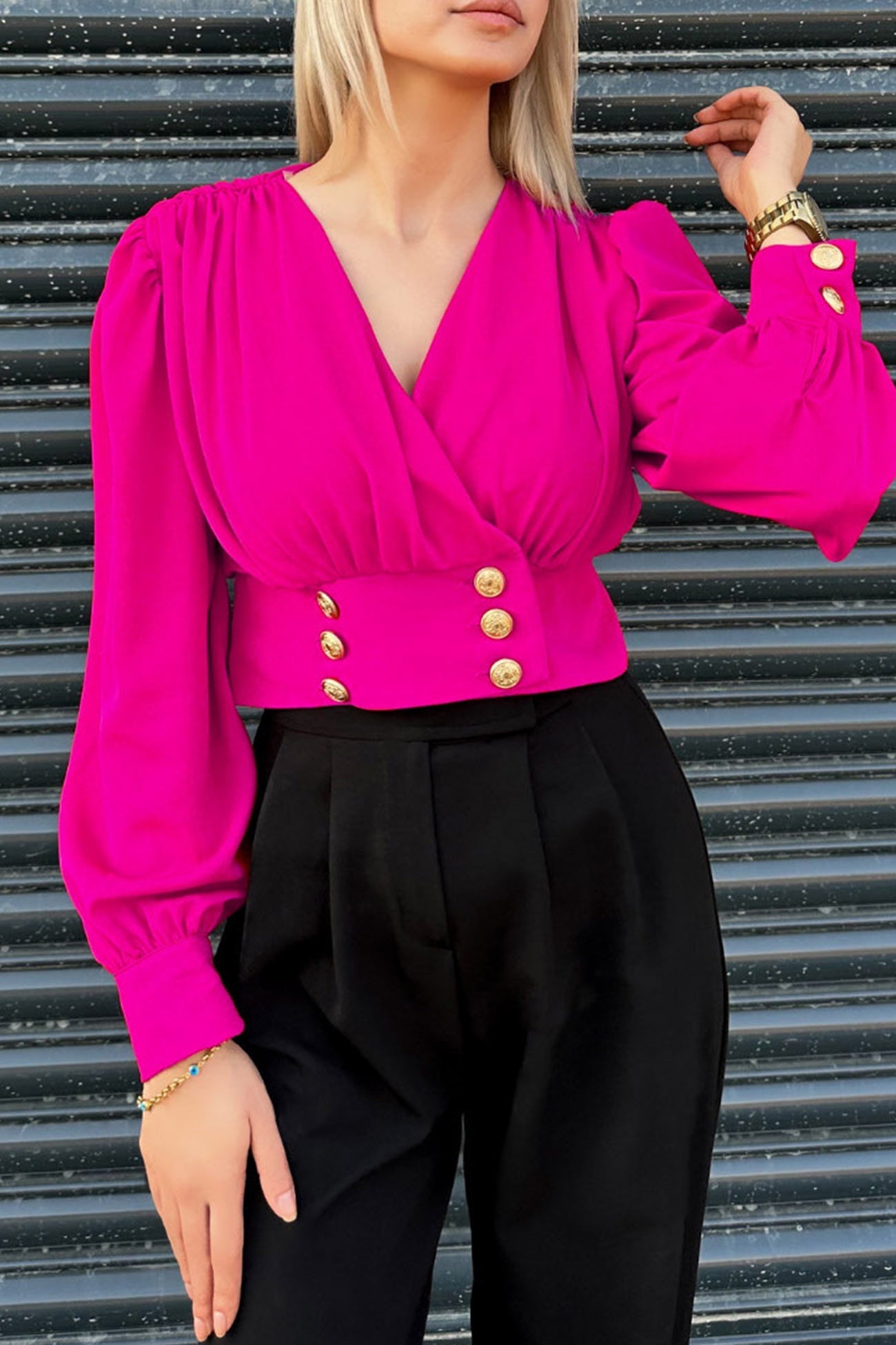 V Neck Puff Sleeve Smocked Blouses