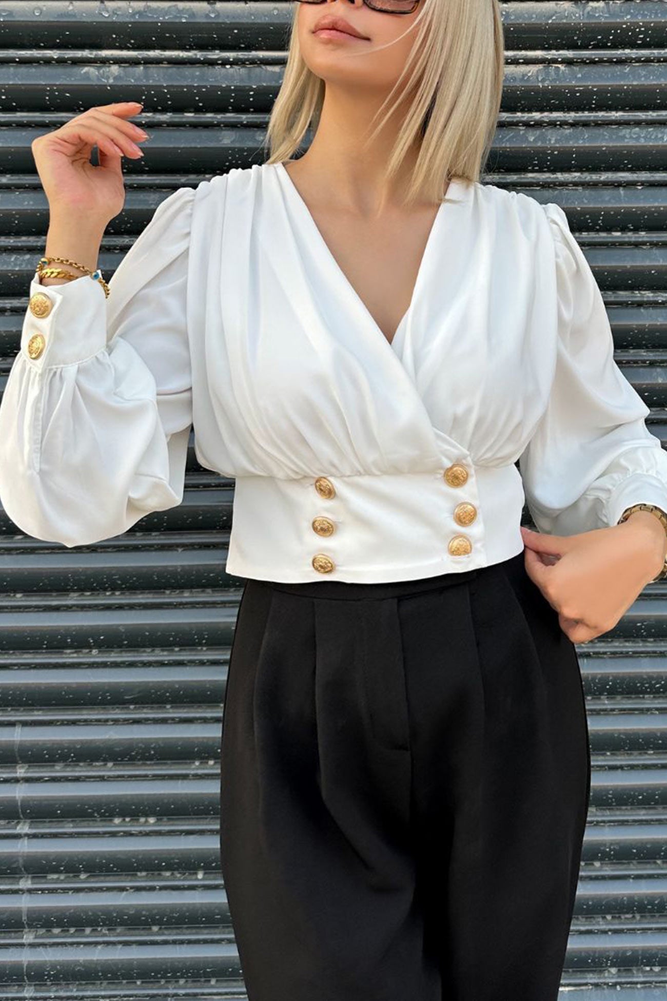 V Neck Puff Sleeve Smocked Blouses