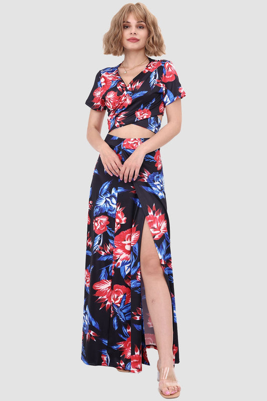 V-neck Printed Waist-revealing Two-piece Dress