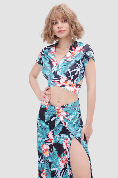 V-neck Printed Waist-revealing Two-piece Dress