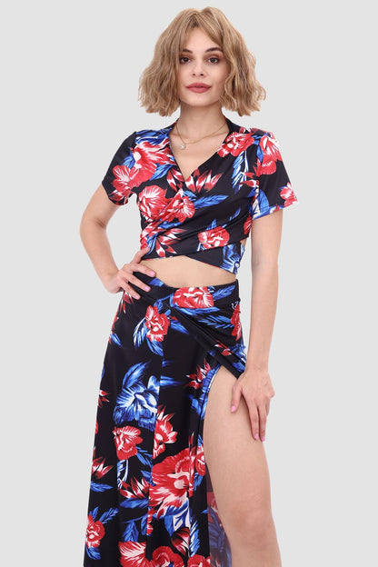 V-neck Printed Waist-revealing Two-piece Dress