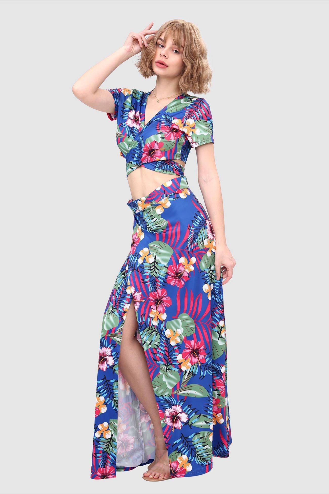 V-neck Tied Back Leaf Print Two-piece Dress