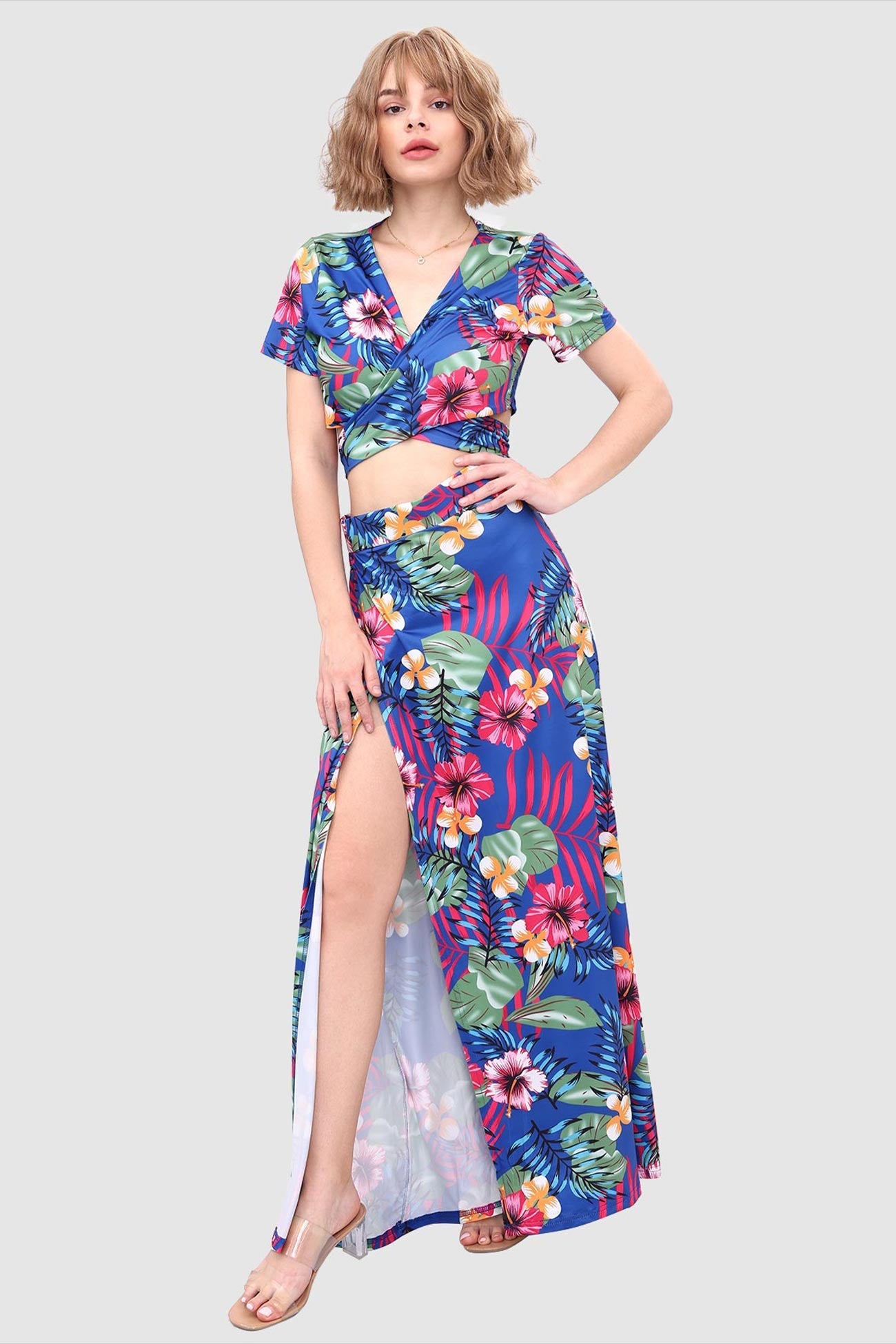 V-neck Tied Back Leaf Print Two-piece Dress