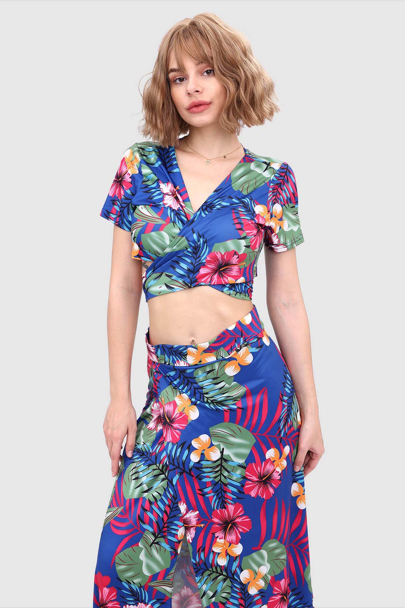 V-neck Tied Back Leaf Print Two-piece Dress