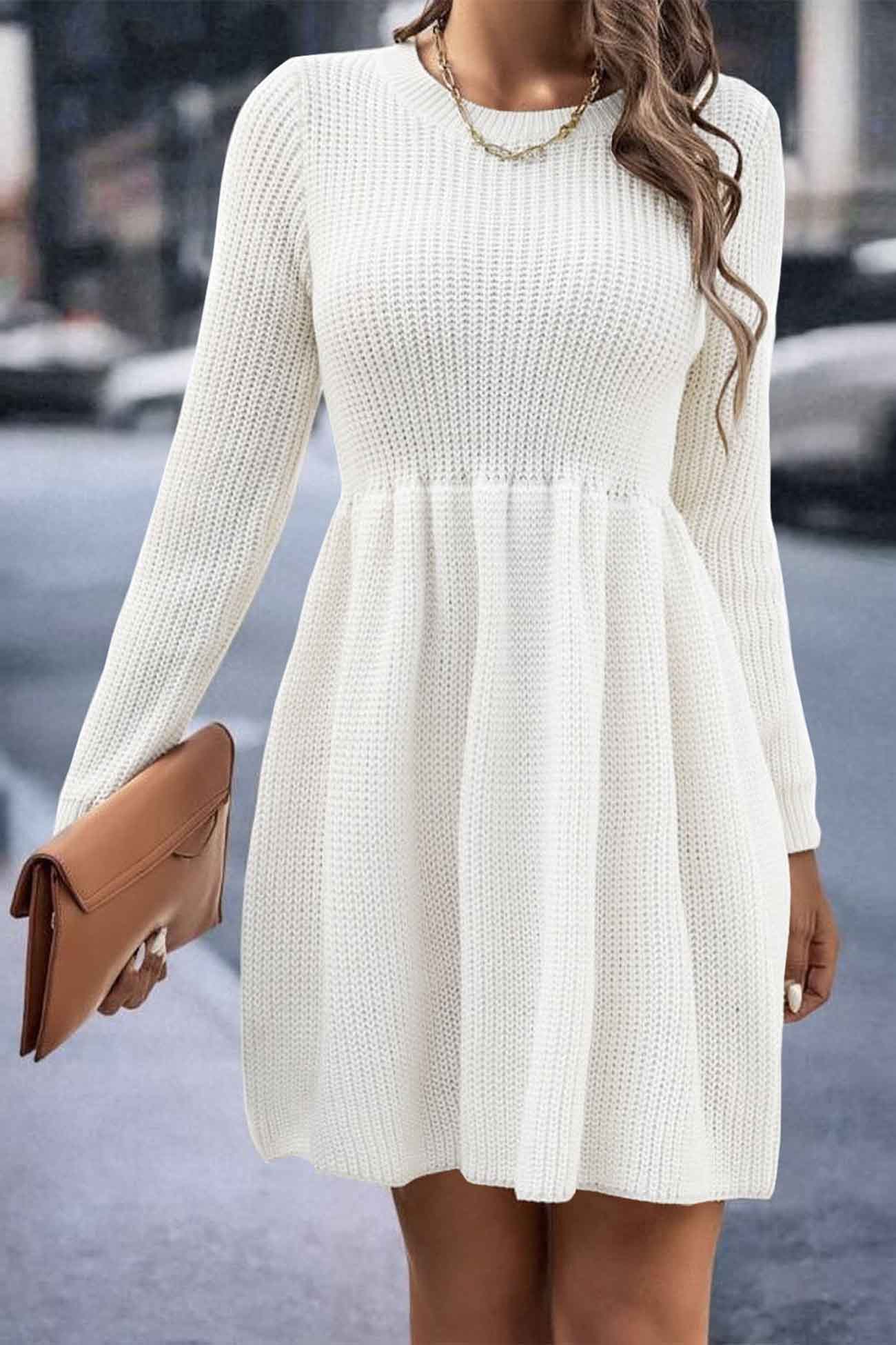 Solid Color Shirring Long Sleeve Knitted Dress