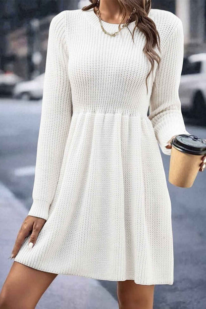 Solid Color Shirring Long Sleeve Knitted Dress