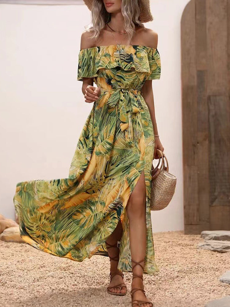 Backless Off Shoulder Slit Boho Maxi Dress