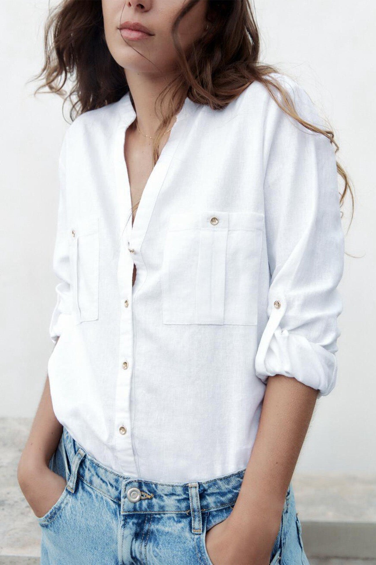 V-neck Pocket Roll-up Sleeve Button-Up Blouse