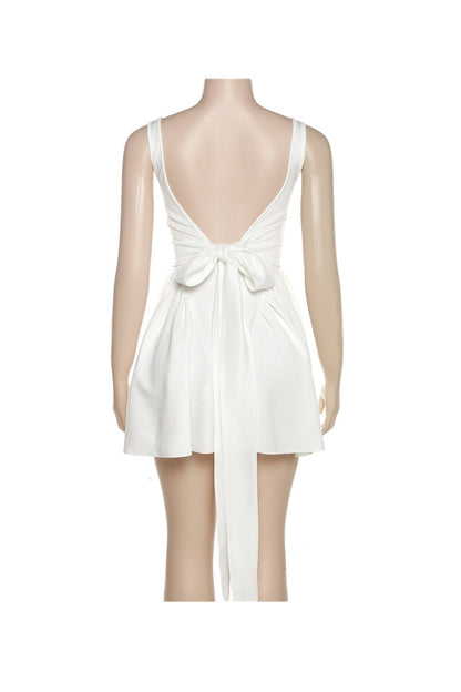 White Backless Tie-back Ruched Dress