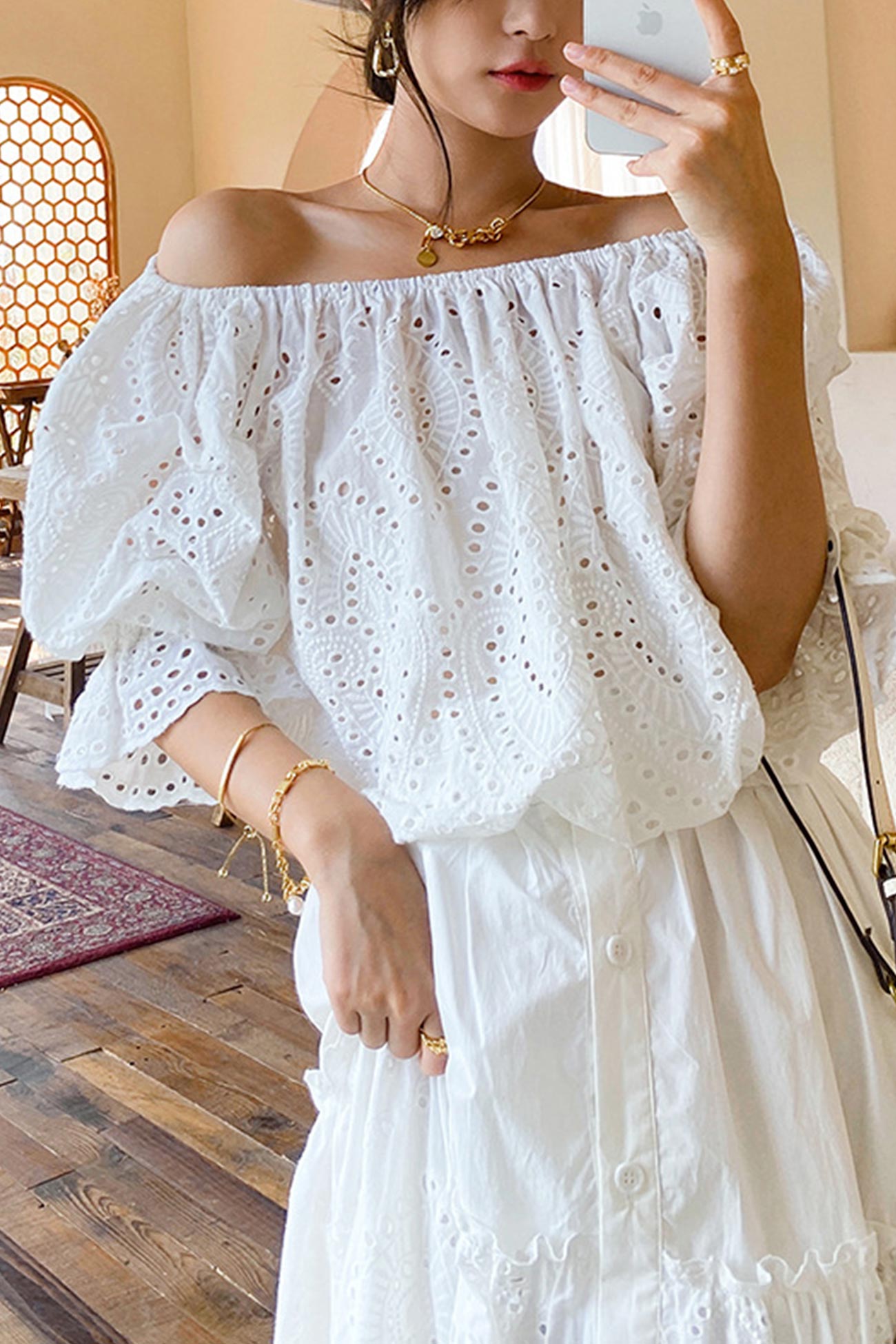 White Embroidered Lace Puff Sleeve Top