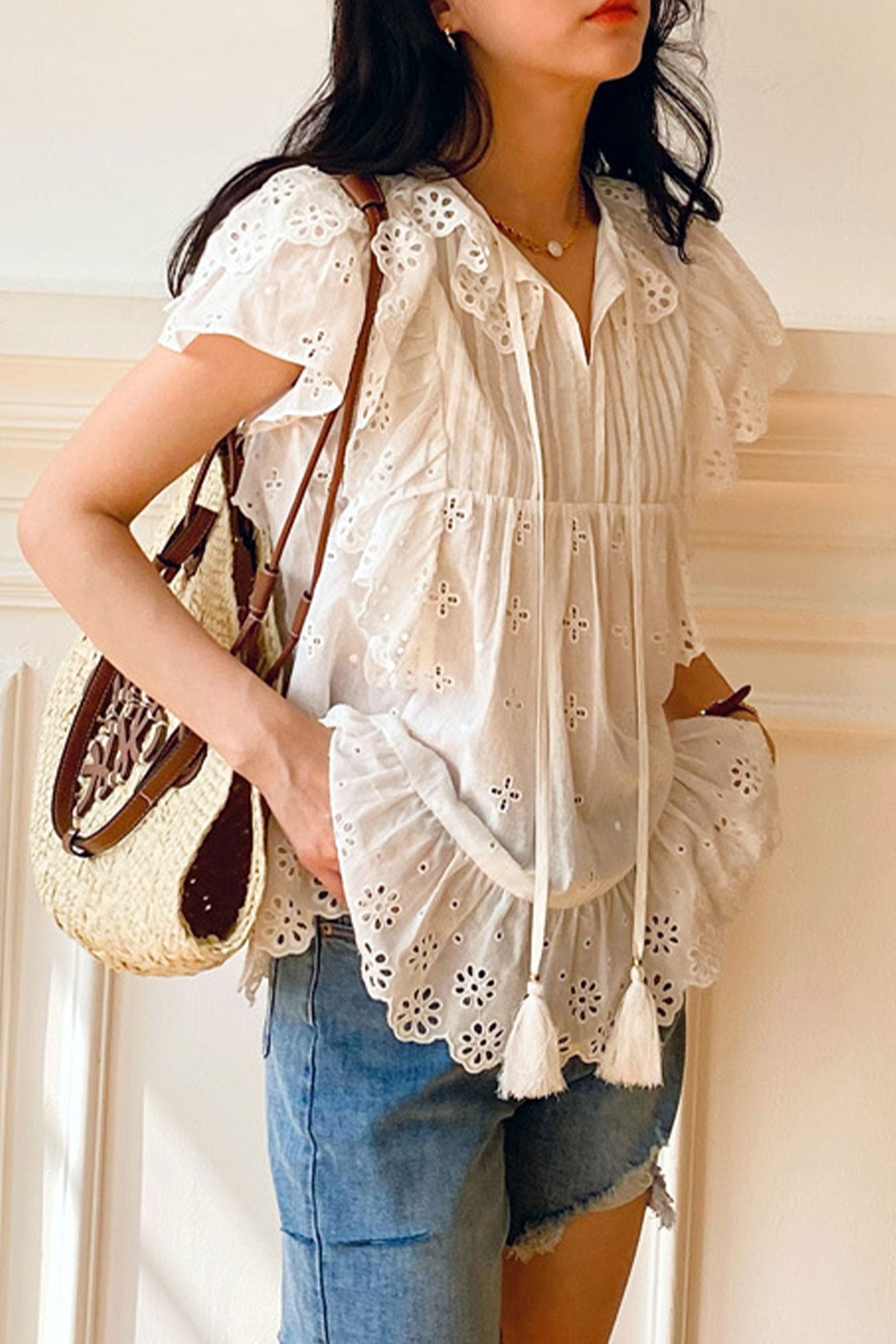 White Embroidered Lace Ruffles Sleeve Top