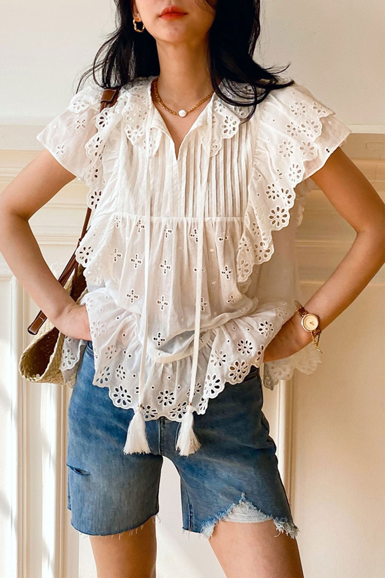 White Embroidered Lace Ruffles Sleeve Top