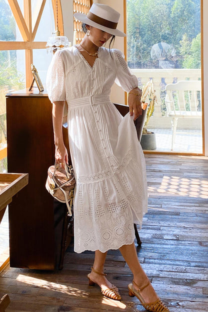 White Emroidered V-neck Maxi Dress