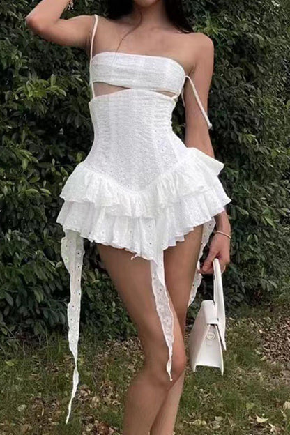 White Jacquard Cutout Ruffle Dress