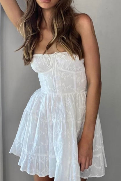 White Lace Tie-up Strapless Tiered Dress