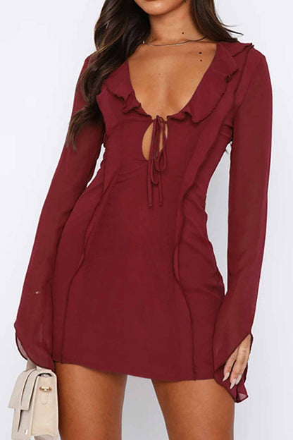 Ruffled Long Sleeved Lace Up Mini Dress