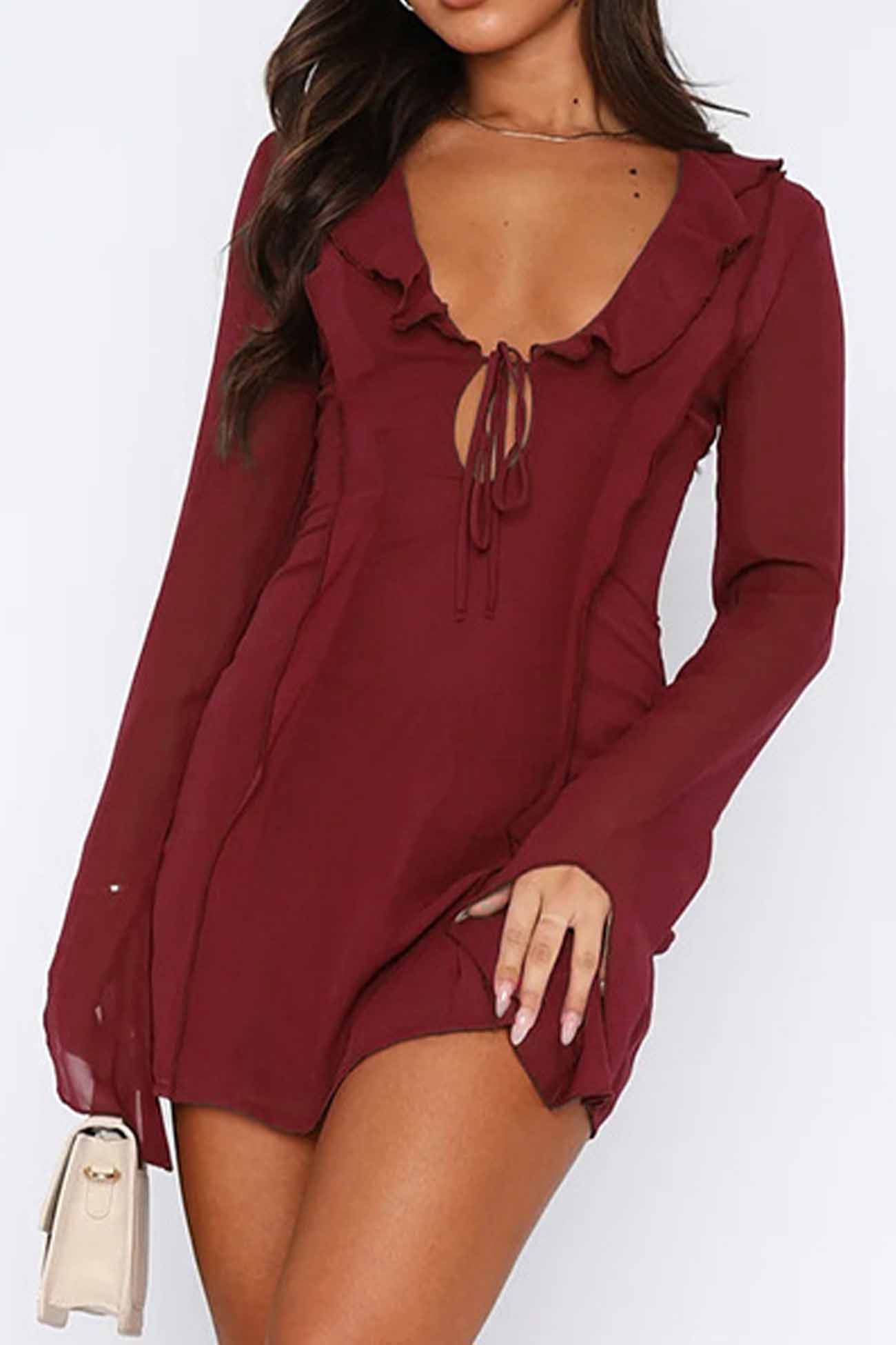 Ruffled Long Sleeved Lace Up Mini Dress