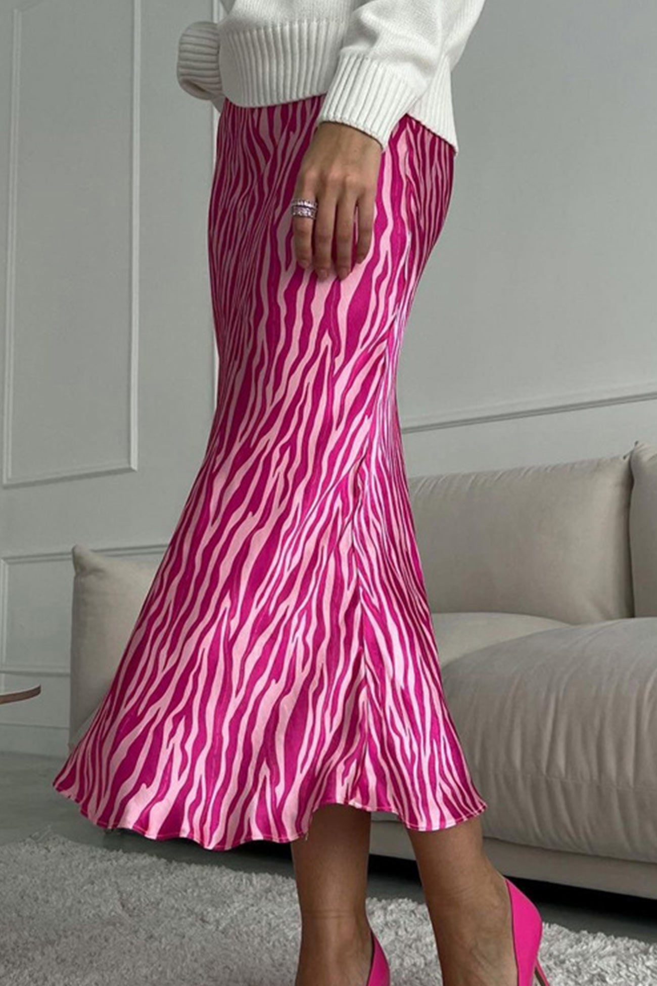 Zebra Print Fishtail Midi Skirt