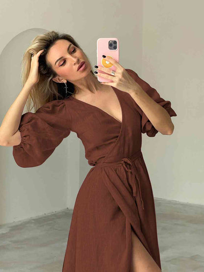 Surplice Balloon Sleeves Slit Short Sleeve Tied Dress