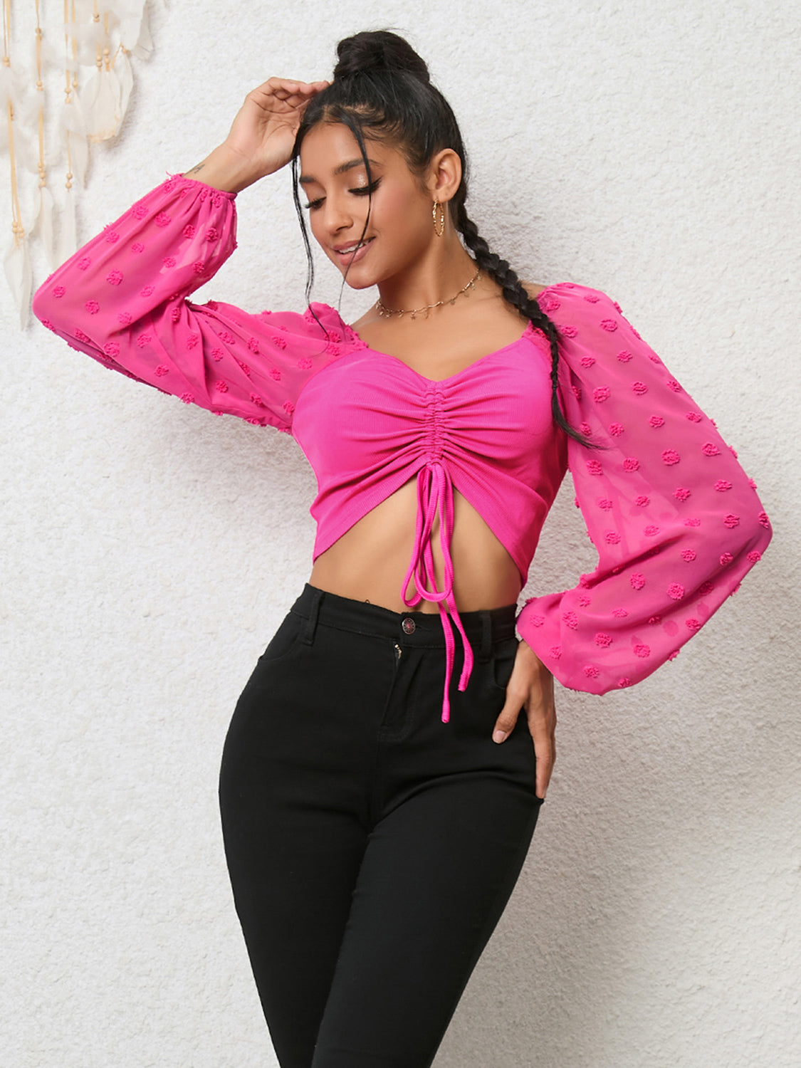 Swiss Dot Drawstring Cropped Blouse Long Sleeve Crop top