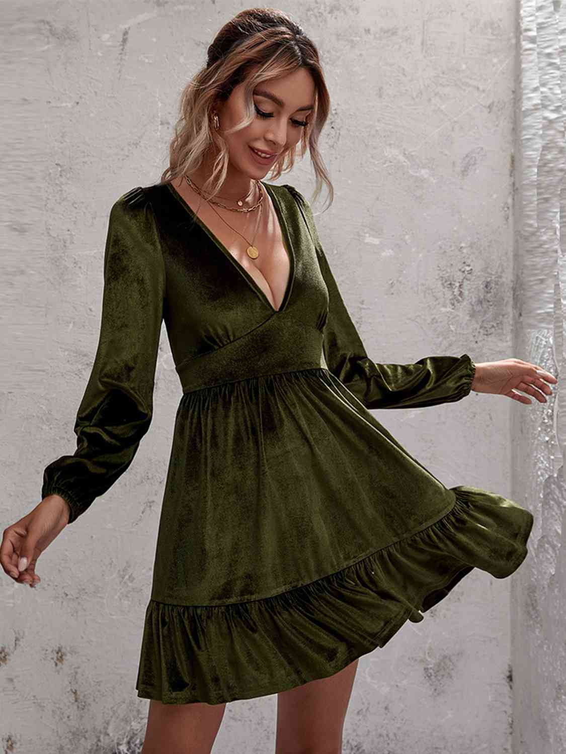 Plunge Long Sleeve Ruffle Hem Velvet Dress Green casual dress casual dresses clothes dress dresses long sleeve dress long sleeve dresses mini dress Ship From Overseas short dress short dresses Y@Q@S