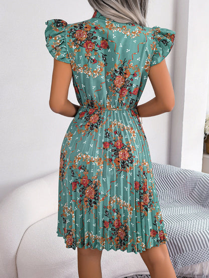 Pleated Floral Printed Tie Neck Knee Length  Short Sleeve Dress