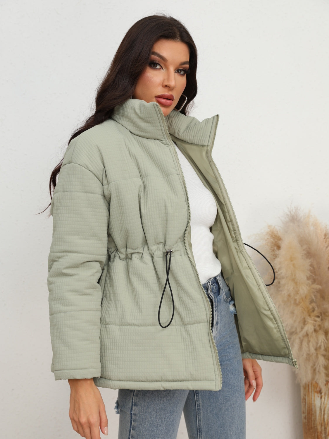 Drawstring Waist Zip-Up Fahsion Puffer Jacket