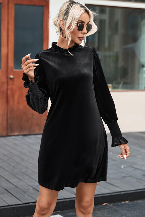 Round Neck Smocked Long Sleeve Mini Dress Black campaign casual dress casual dresses clothes dress dresses long sleeve dress long sleeve dresses Ship From Overseas short dresses SYNZ