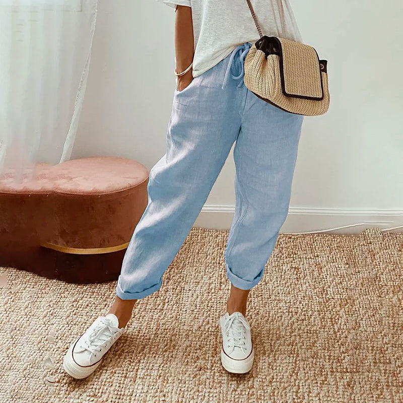 【Cotton And Linen】Casual Solid Color Pants Sky Blue best Best Sellings bottoms clothes Cotton And Linen pants Plus Size Sale Topseller