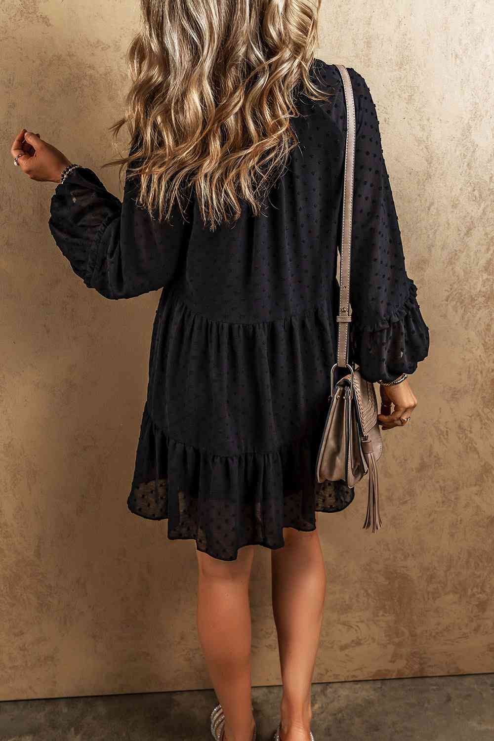 Swiss Dot V-Neck Ruffle Trim Mini Tiered Long Sleeve Dress