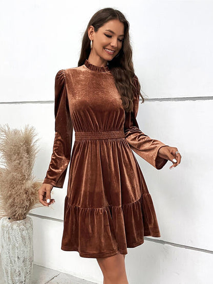 Smocked Long Sleeve Ruffle Hem Casual Short Dress Chestnut casual dresses clothes dress dresses HS long sleeve dress long sleeve dresses Ship From Overseas short dresses