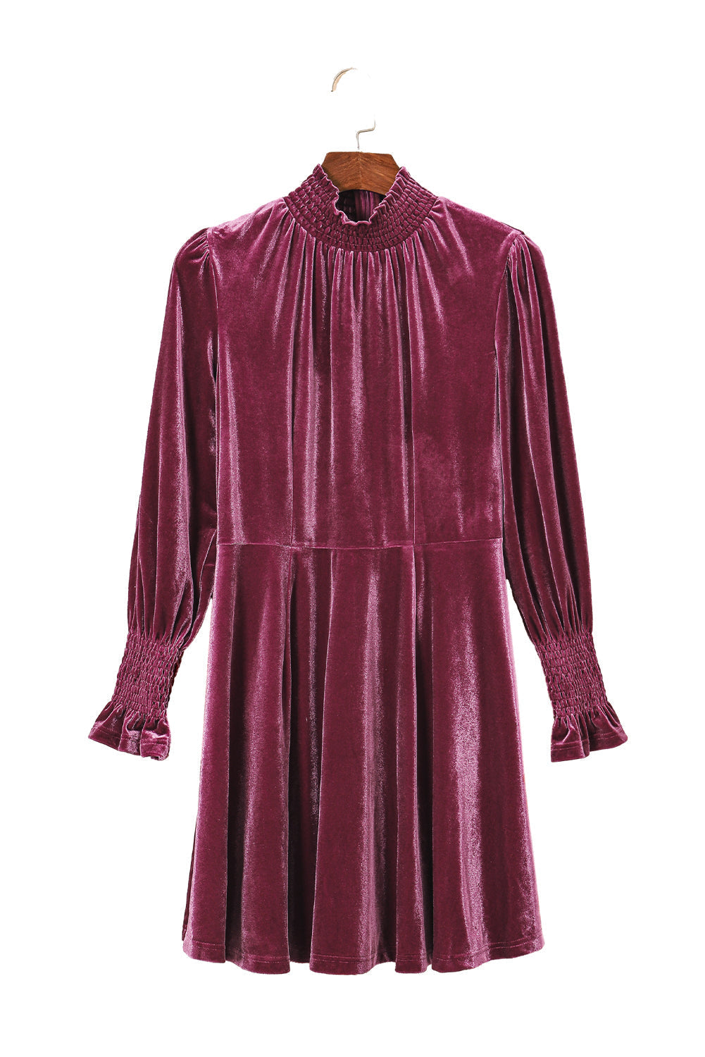 Burgundy Long Sleeve Dress Smocked High Neck Flounce Sleeve Velvet Dress